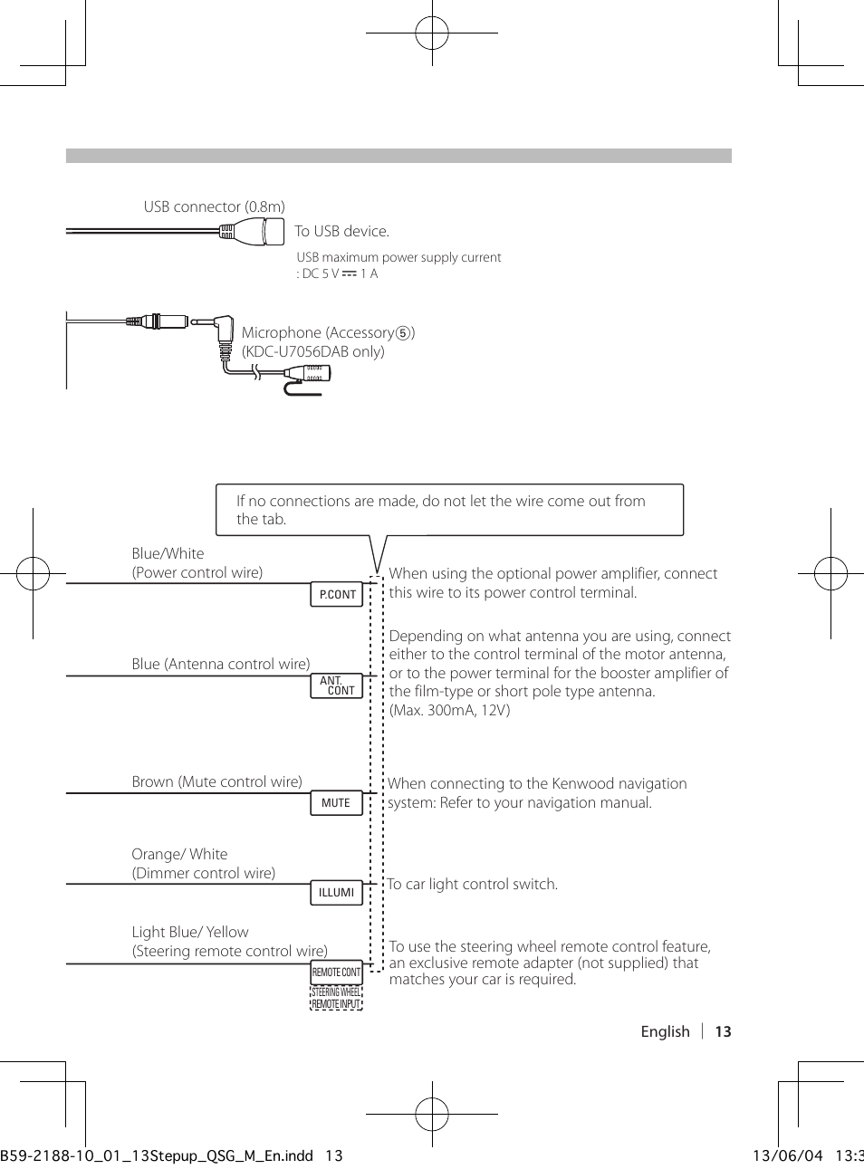 Connecting wires to terminals | Kenwood KDC-U7056BT User Manual | Page 13 / 24