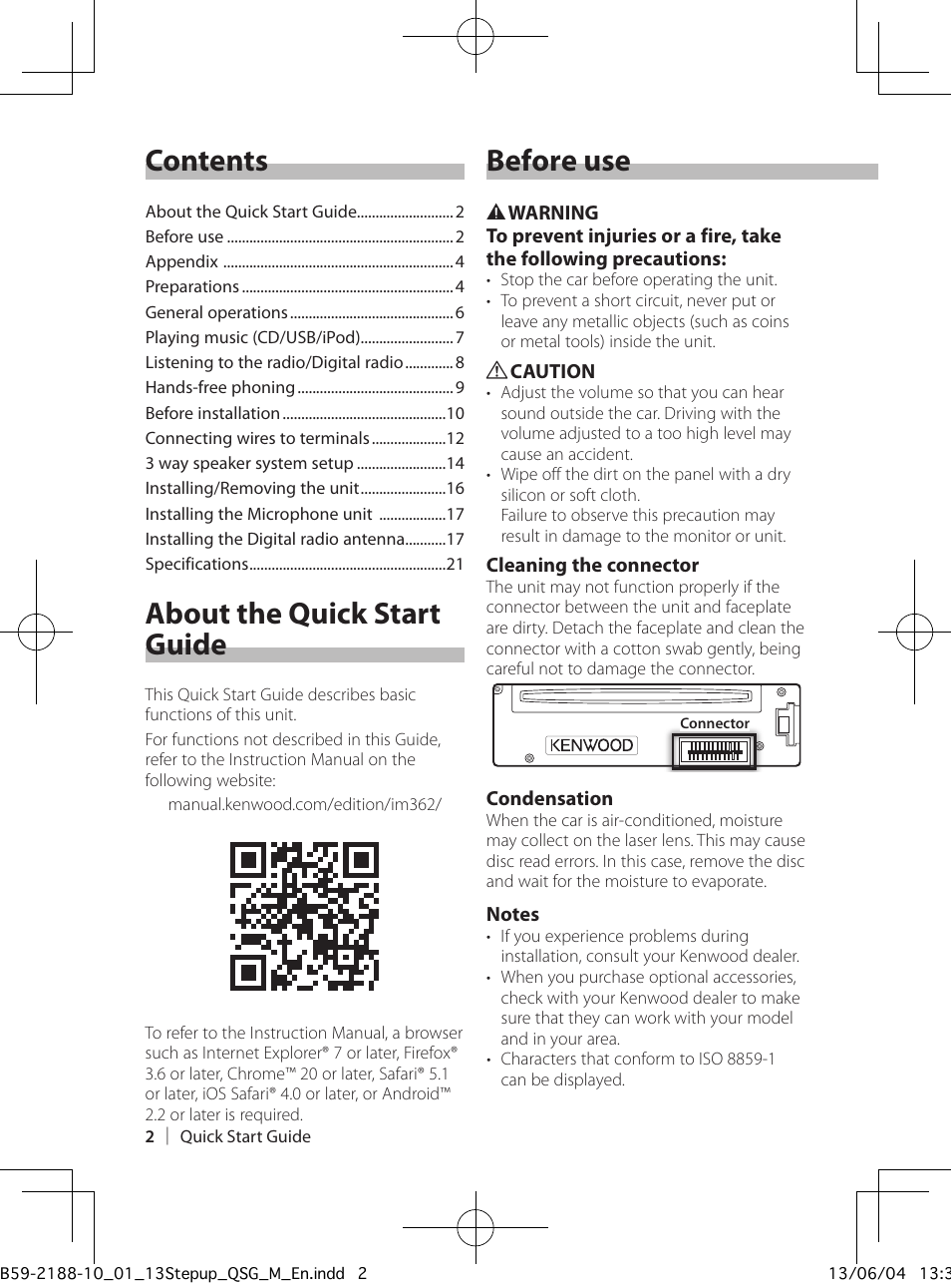 Contents before use, About the quick start guide | Kenwood KDC-U7056BT User Manual | Page 2 / 24