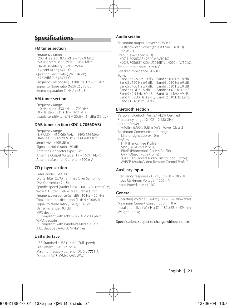 Specifications | Kenwood KDC-U7056BT User Manual | Page 21 / 24