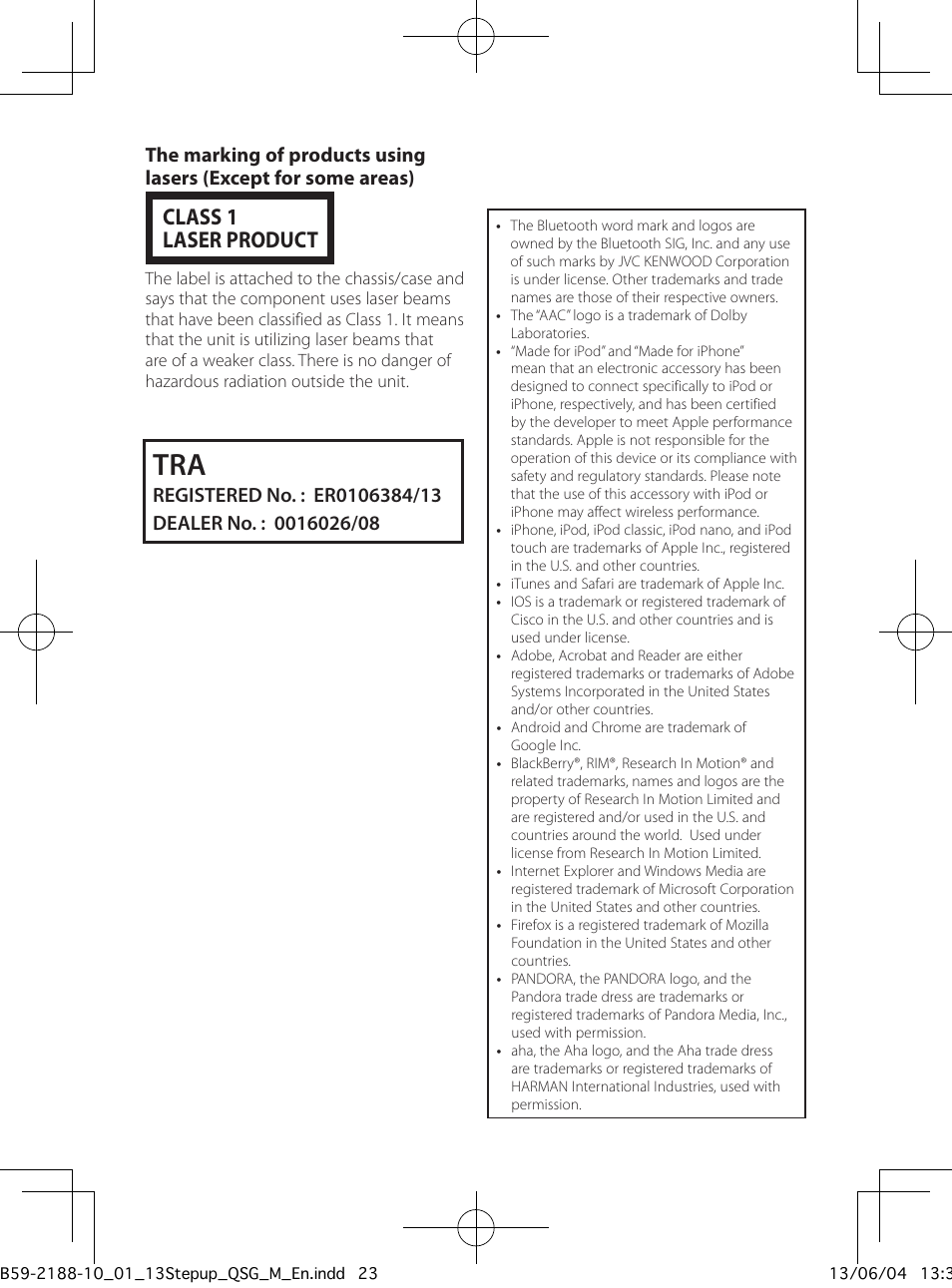 Class 1 laser product | Kenwood KDC-U7056BT User Manual | Page 23 / 24