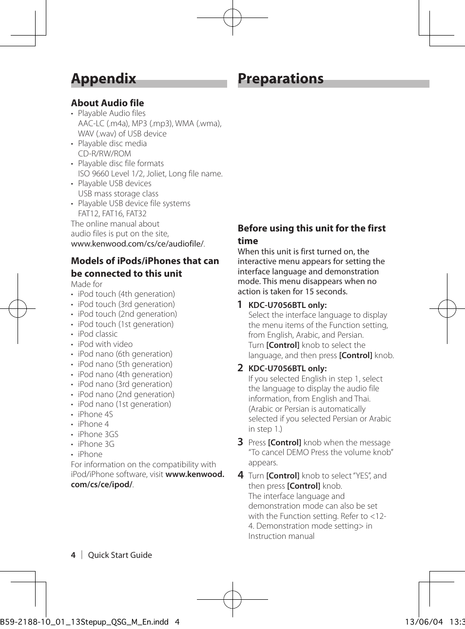 Preparations, Appendix | Kenwood KDC-U7056BT User Manual | Page 4 / 24