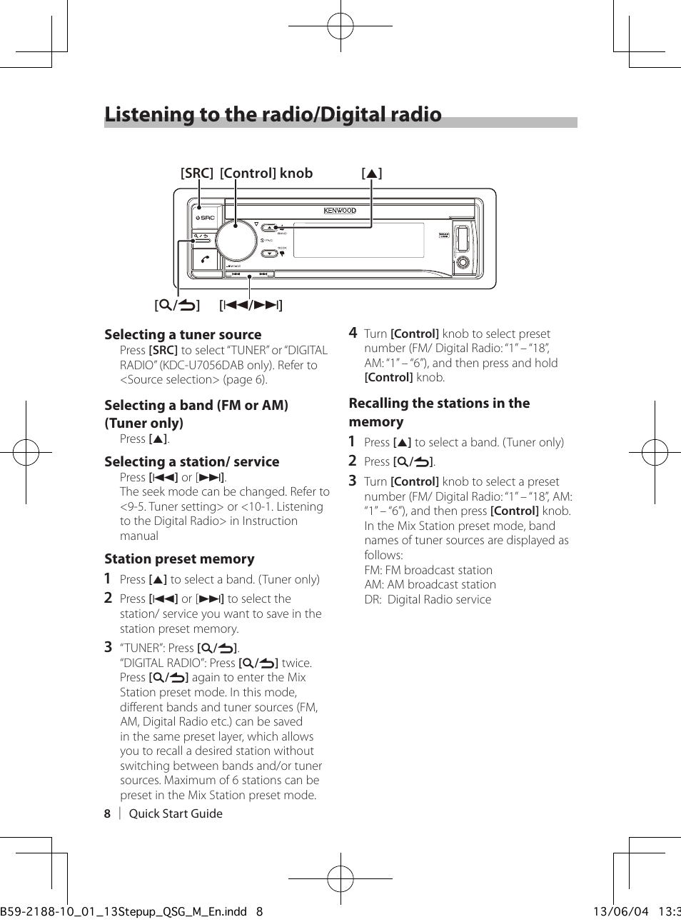 Listening to the radio/digital radio | Kenwood KDC-U7056BT User Manual | Page 8 / 24