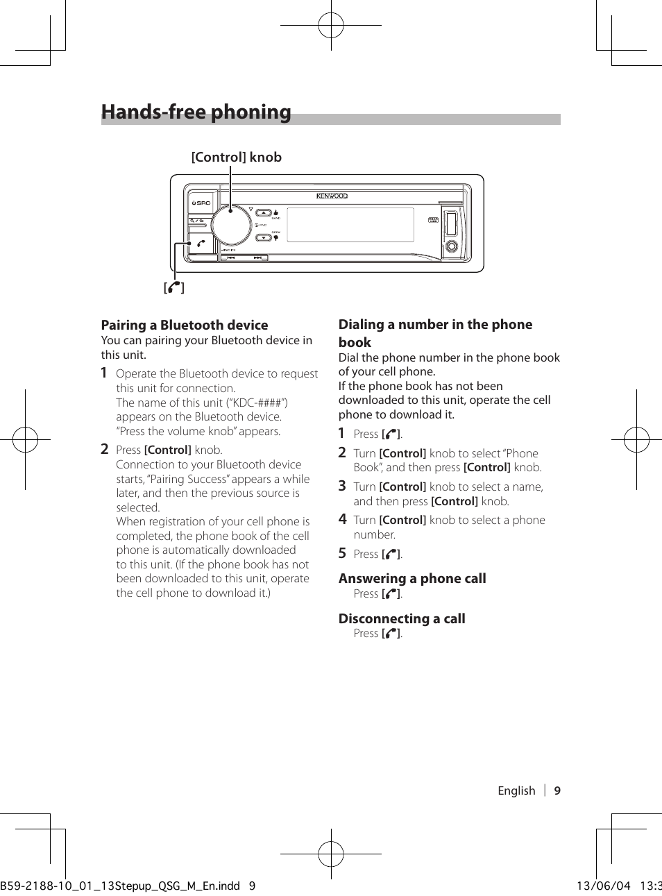 Hands-free phoning | Kenwood KDC-U7056BT User Manual | Page 9 / 24