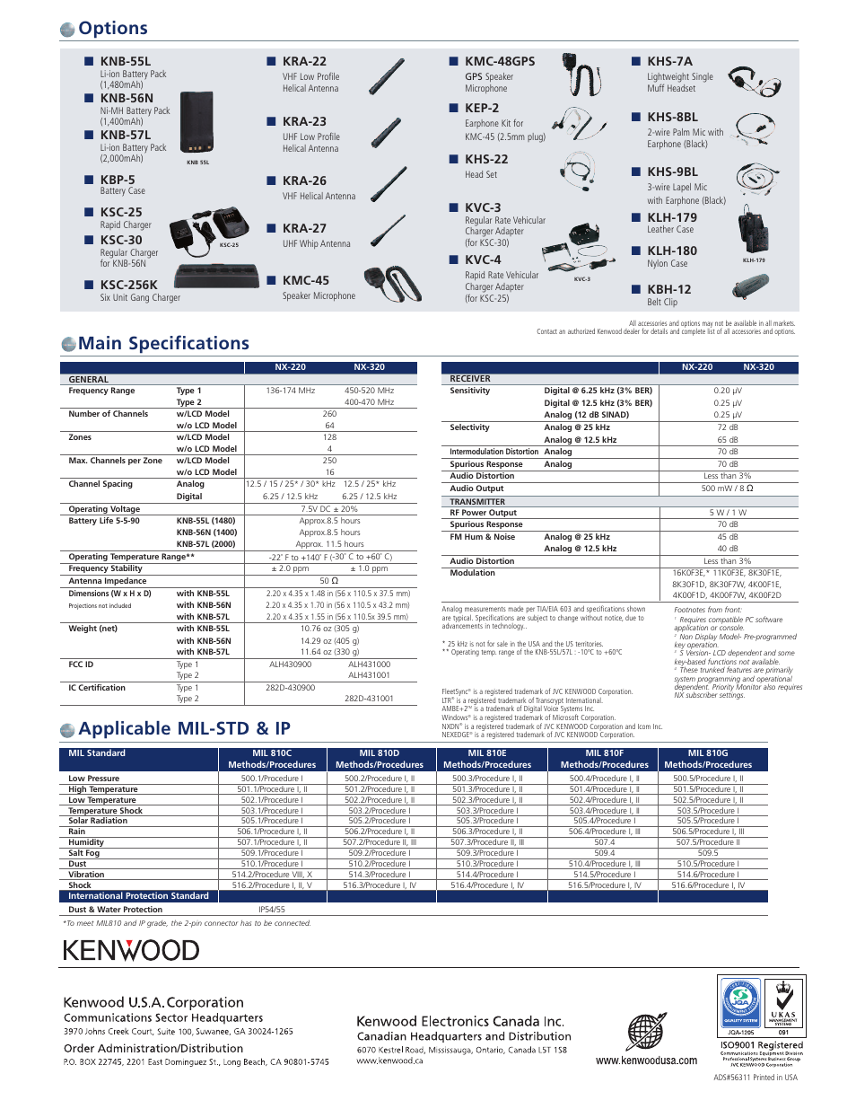 Options, Main specifications applicable mil-std & ip, Knb-55l | Knb-56n, Knb-57l, Kbp-5, Ksc-25, Ksc-30, Ksc-256k, Kra-22 | Kenwood NX-220/320 User Manual | Page 2 / 2