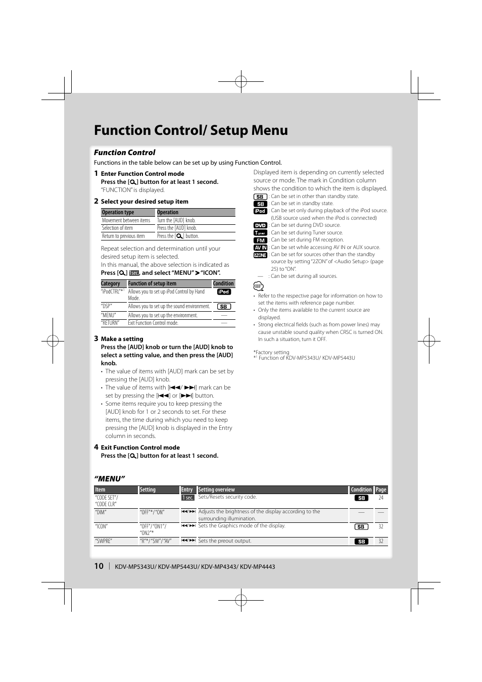 Function control/ setup menu, Function control, Menu | Kenwood KDV-MP5343U User Manual | Page 10 / 40