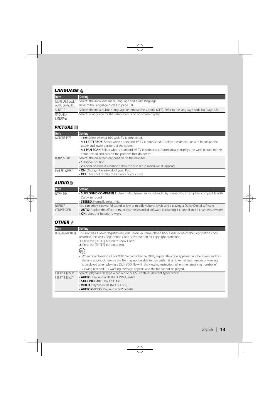 Language, Picture, Audio | Other | Kenwood KDV-MP5343U User Manual | Page 13 / 40