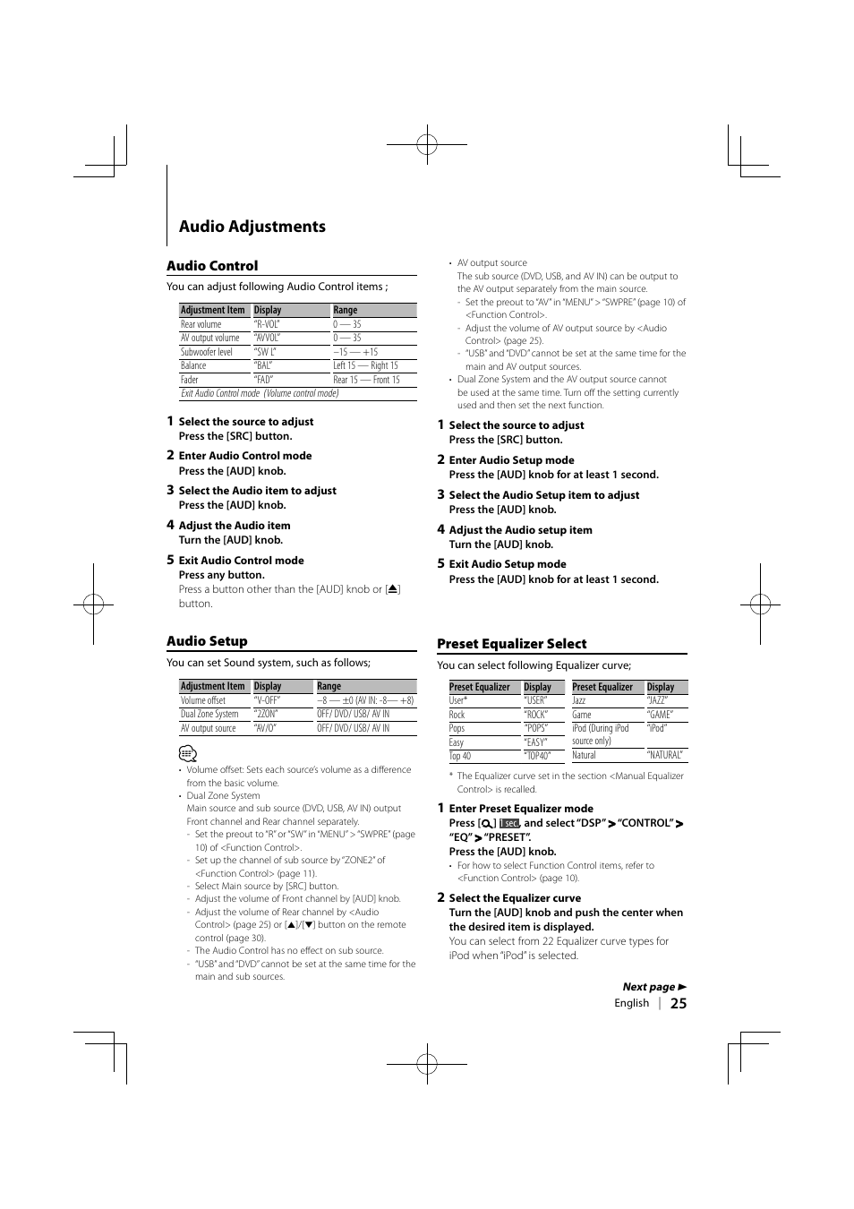 Audio adjustments, Audio control, Audio setup | Preset equalizer select | Kenwood KDV-MP5343U User Manual | Page 25 / 40