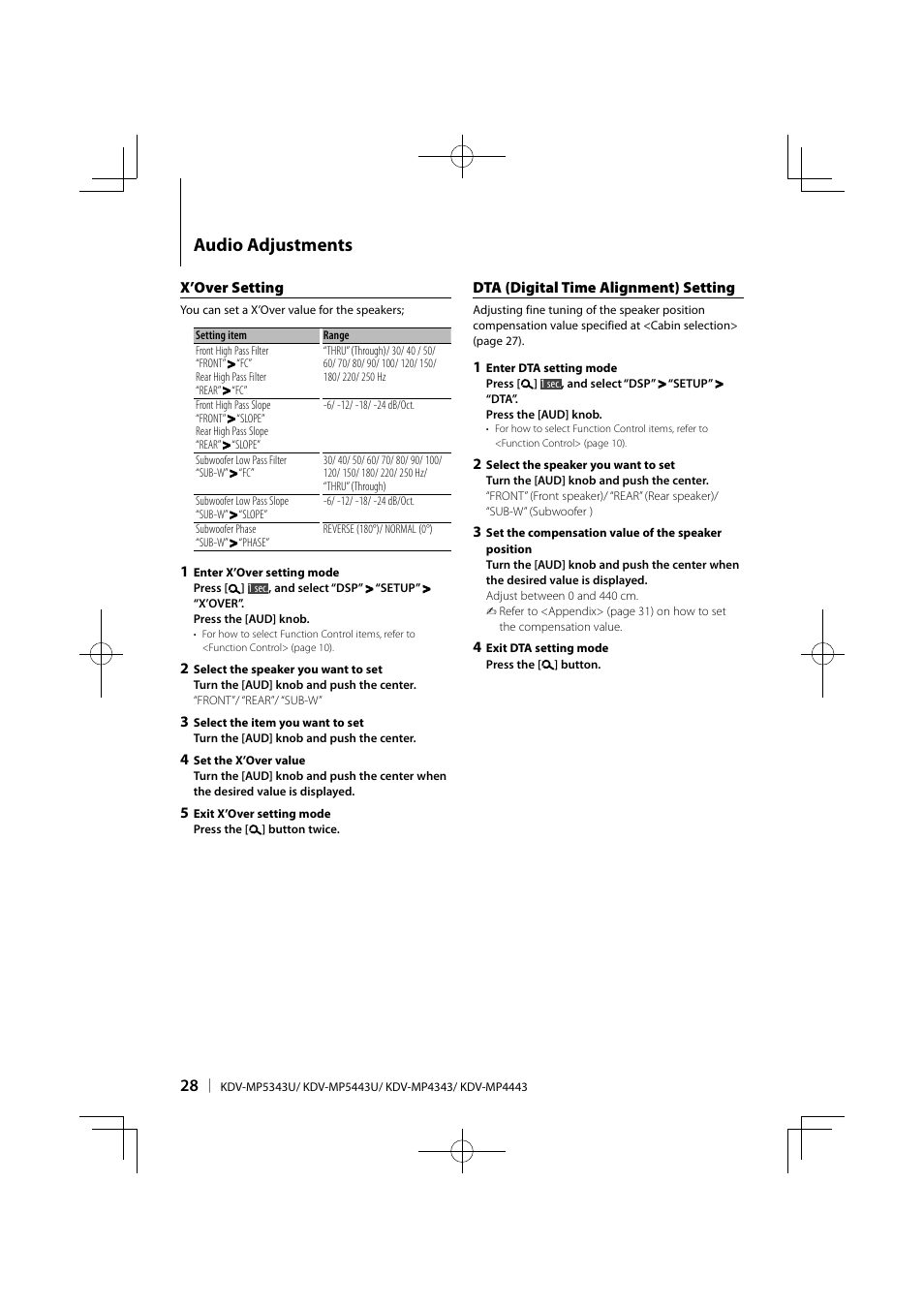 Audio adjustments | Kenwood KDV-MP5343U User Manual | Page 28 / 40