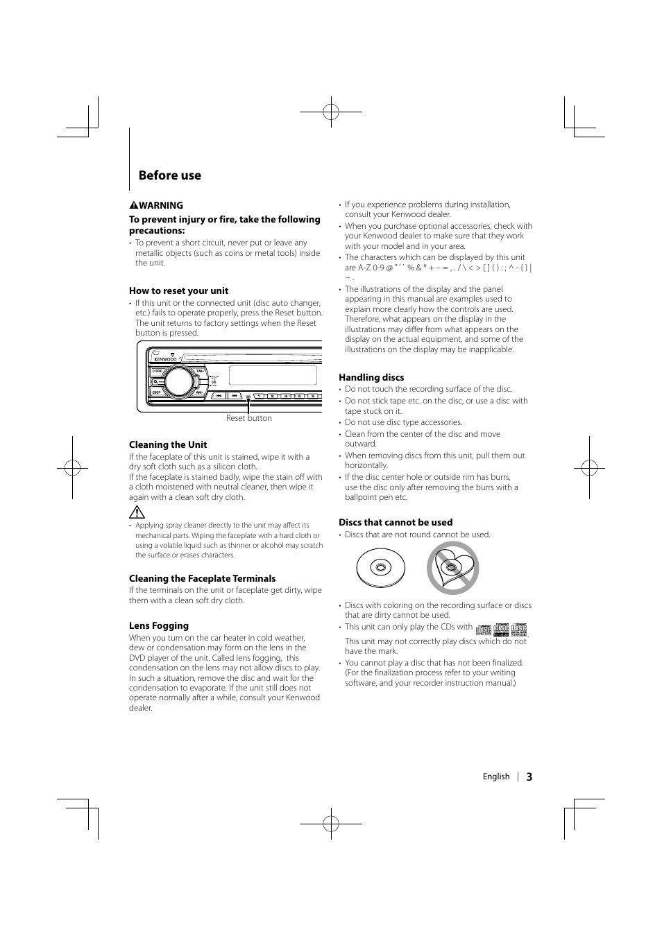 Before use | Kenwood KDV-MP5343U User Manual | Page 3 / 40