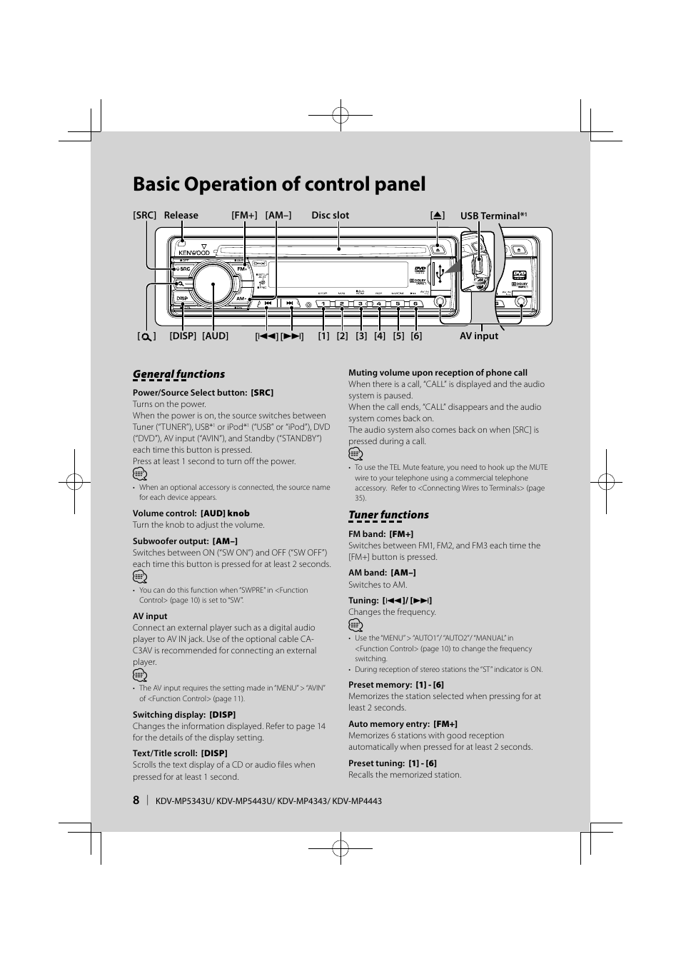 Basic operation of control panel | Kenwood KDV-MP5343U User Manual | Page 8 / 40