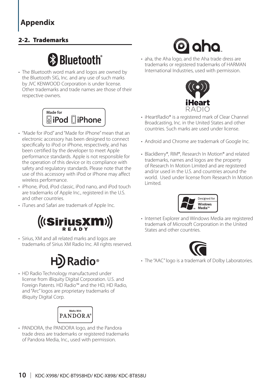 2. trademarks, Appendix | Kenwood KDC-X898 User Manual | Page 10 / 100