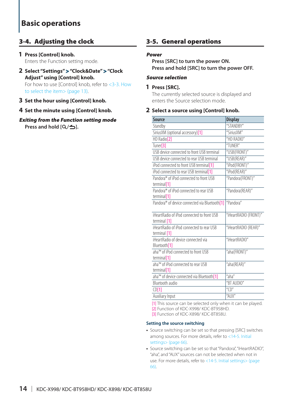 4. adjusting the clock, 5. general operations, Basic operations | 4. adjusting the clock 1 | Kenwood KDC-X898 User Manual | Page 14 / 100