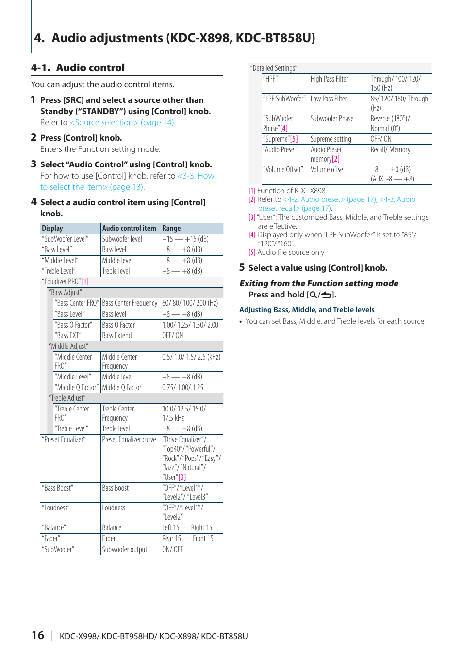 Audio adjustments (kdc-x898, kdc-bt858u), 1. audio control, Audio adjustments (kdc-x898, kdc | Bt858u) 16 | Kenwood KDC-X898 User Manual | Page 16 / 100