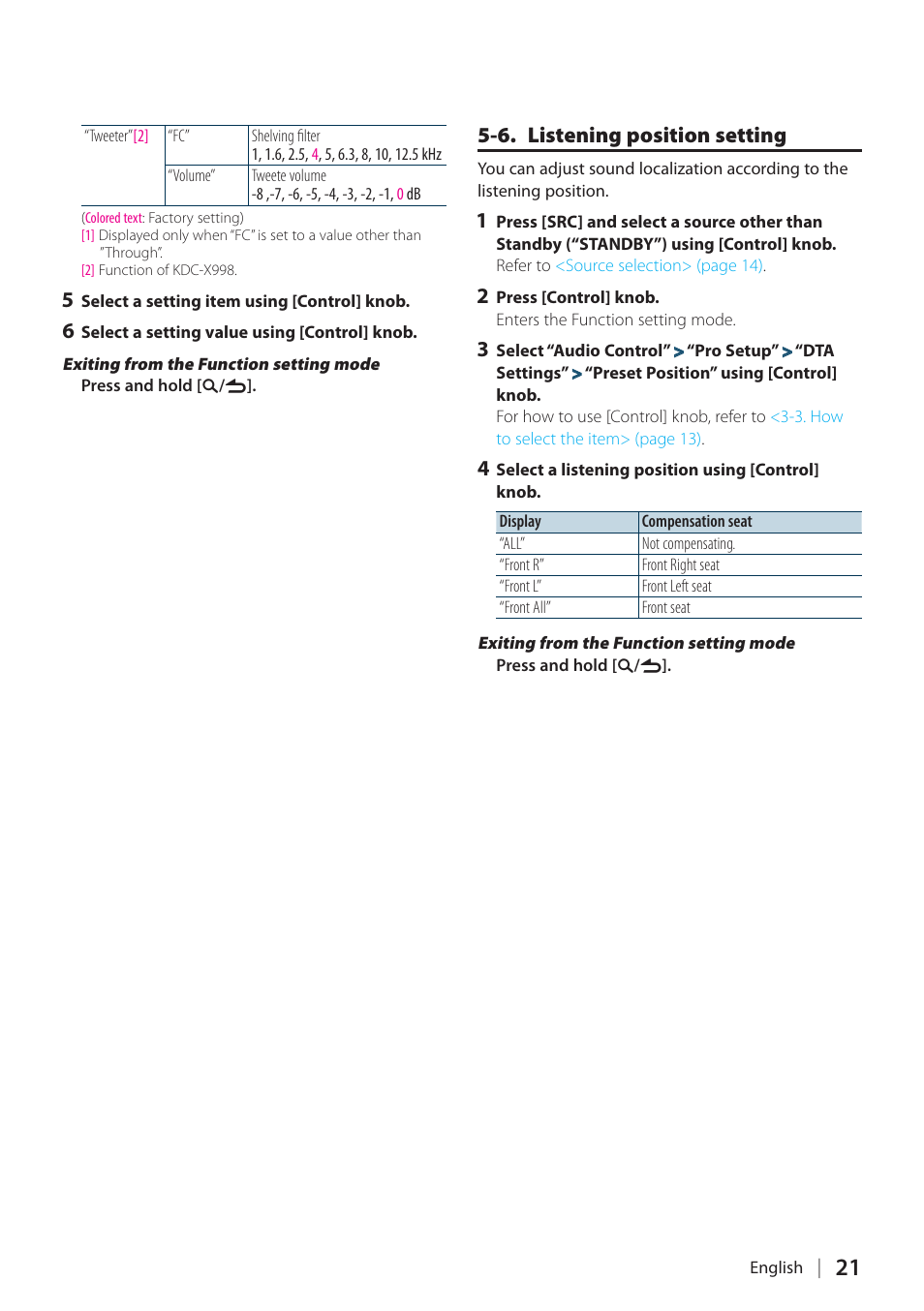 6. listening position setting | Kenwood KDC-X898 User Manual | Page 21 / 100