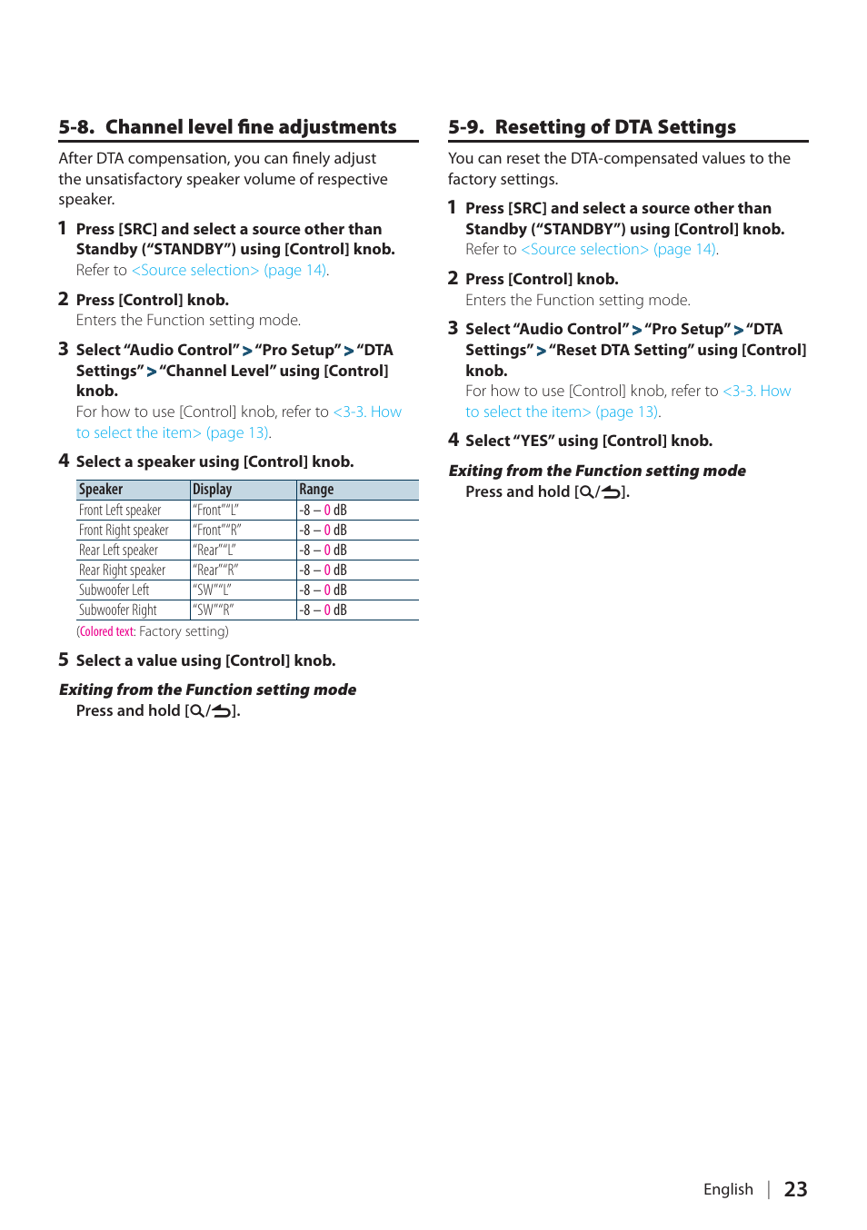 8. channel level fine adjustments, 9. resetting of dta settings | Kenwood KDC-X898 User Manual | Page 23 / 100