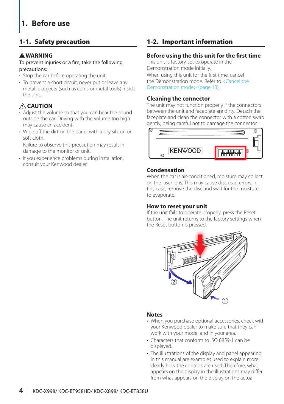 Before use, 1. safety precaution, 2. important information | Kenwood KDC-X898 User Manual | Page 4 / 100