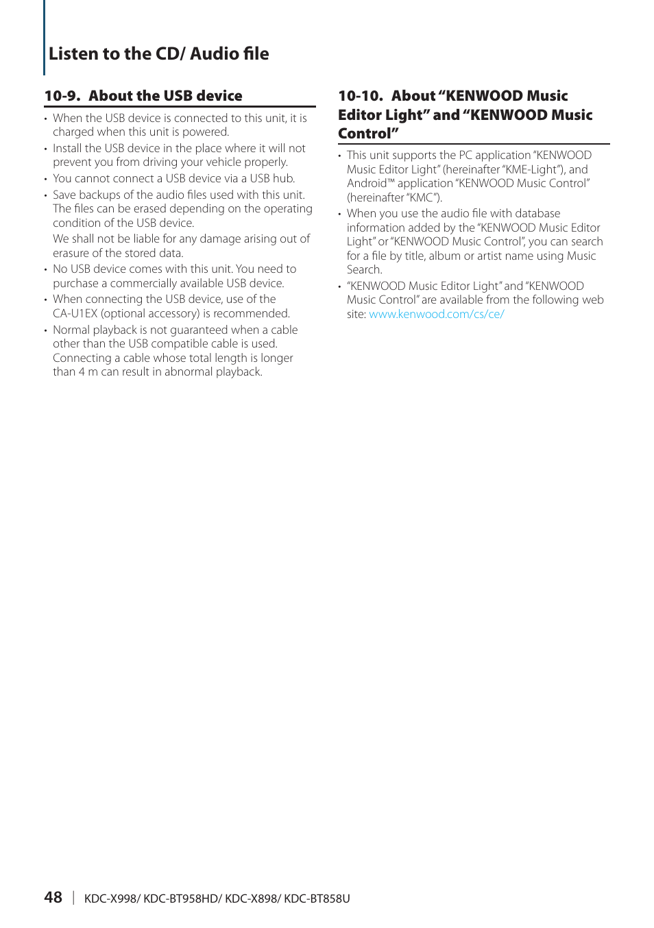 9. about the usb device, 10. about “kenwood music editor light” and, Kenwood music control | Or media, 10. about “kenwood, Music editor light” and “kenwood music control, 10. about, Listen to the cd/ audio file | Kenwood KDC-X898 User Manual | Page 48 / 100