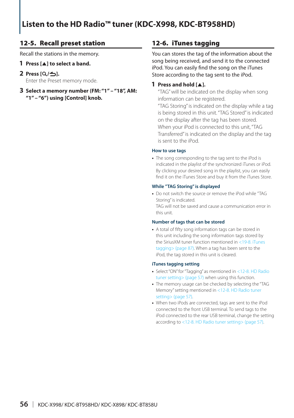 5. recall preset station, 6. itunes tagging | Kenwood KDC-X898 User Manual | Page 56 / 100