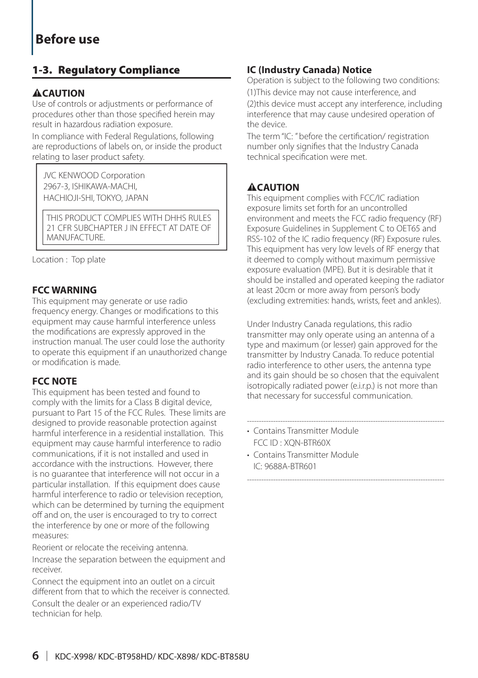 3. regulatory compliance, Before use | Kenwood KDC-X898 User Manual | Page 6 / 100