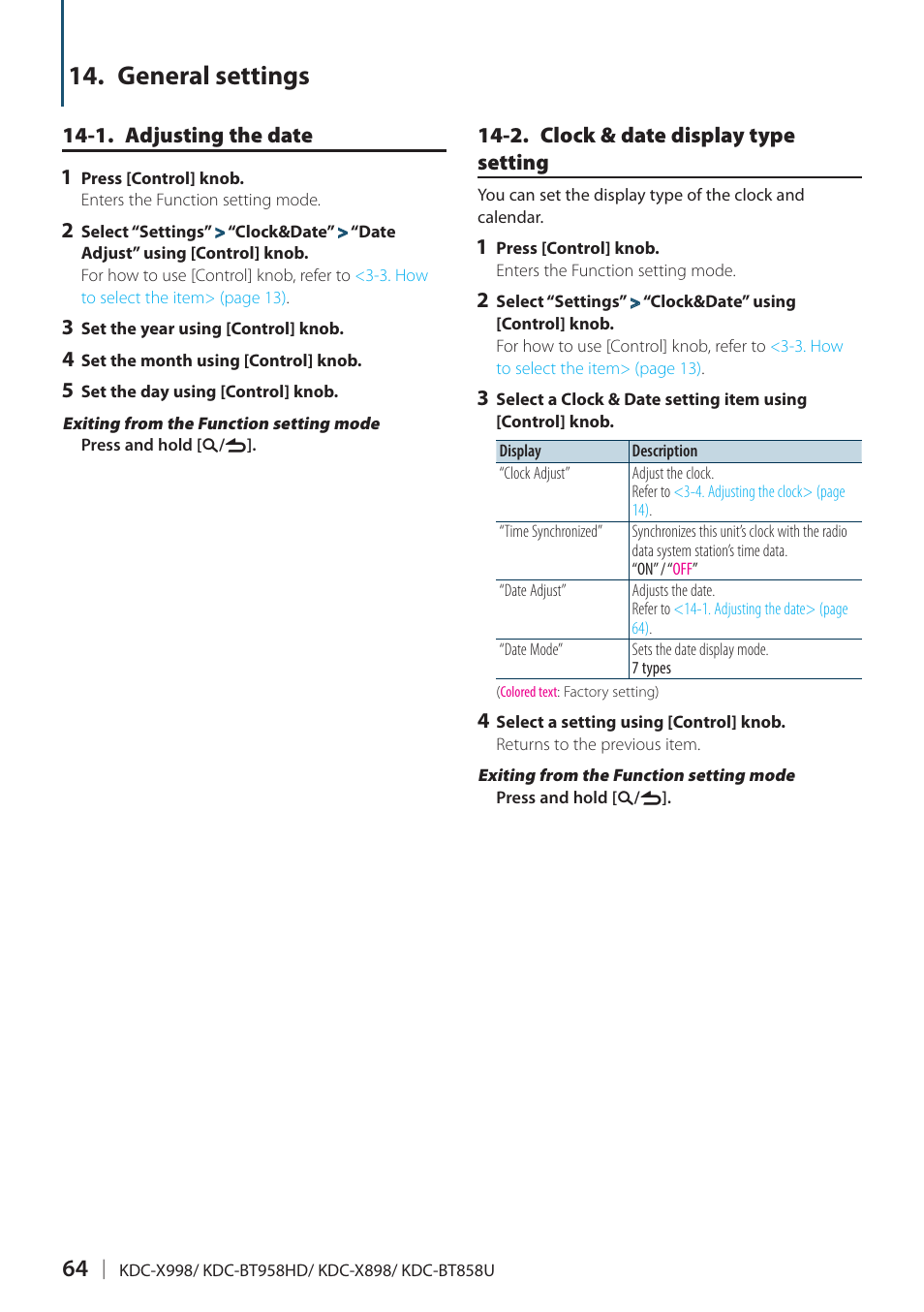 General settings, 1. adjusting the date, 2. clock & date display type setting | Kenwood KDC-X898 User Manual | Page 64 / 100