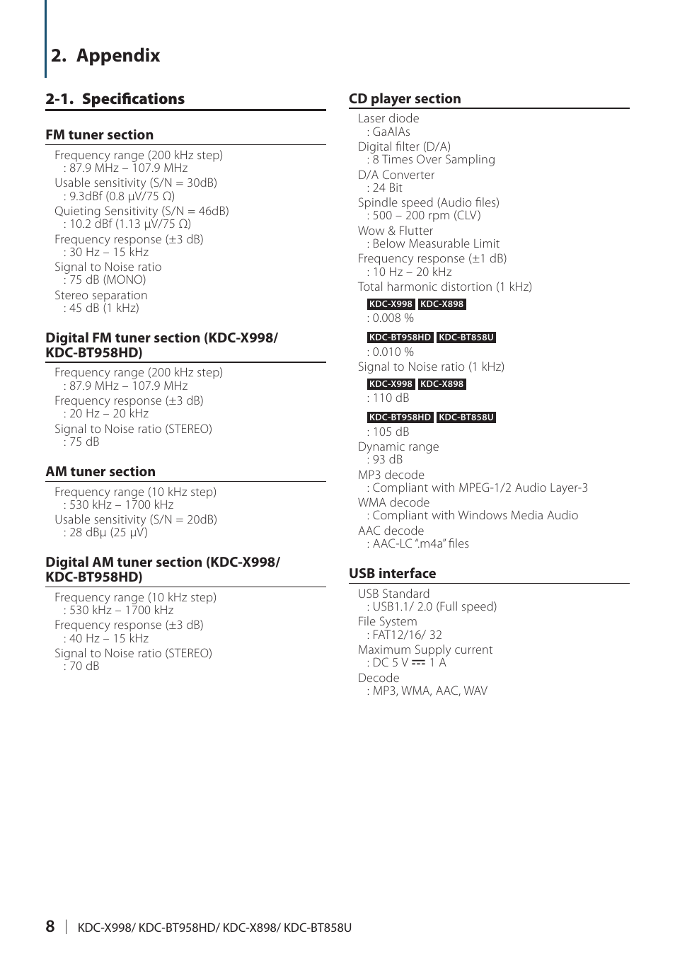 Appendix, 1. specifications | Kenwood KDC-X898 User Manual | Page 8 / 100