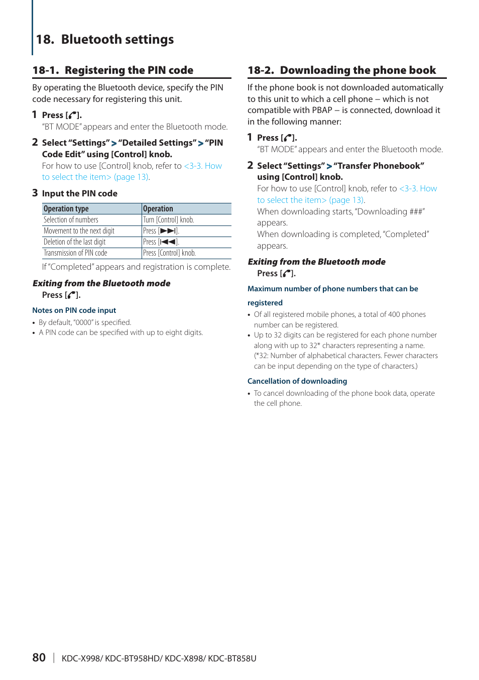 Bluetooth settings, 1. registering the pin code, 2. downloading the phone book | Kenwood KDC-X898 User Manual | Page 80 / 100