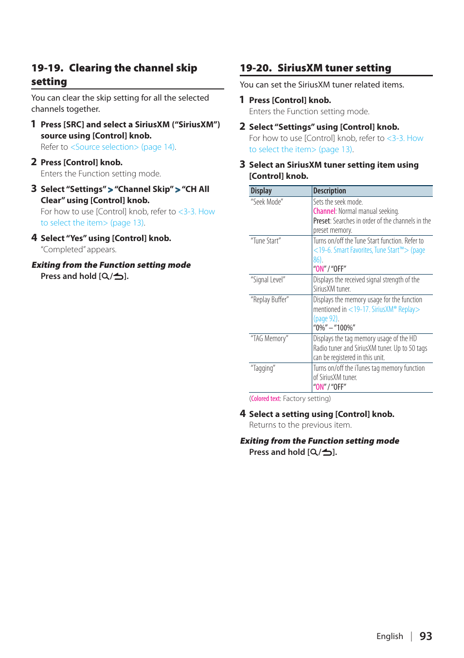 19. clearing the channel skip setting, 20. siriusxm tuner setting, 20. siriusxm tuner | 20. siriusxm, When using this func, Tion setting mode | Kenwood KDC-X898 User Manual | Page 93 / 100