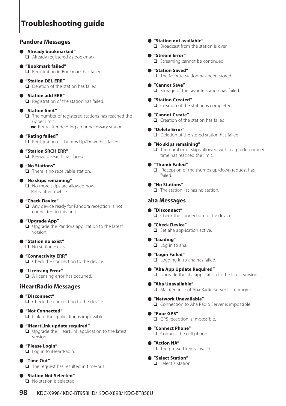 Troubleshooting guide, Pandora messages, Iheartradio messages | Aha messages | Kenwood KDC-X898 User Manual | Page 98 / 100