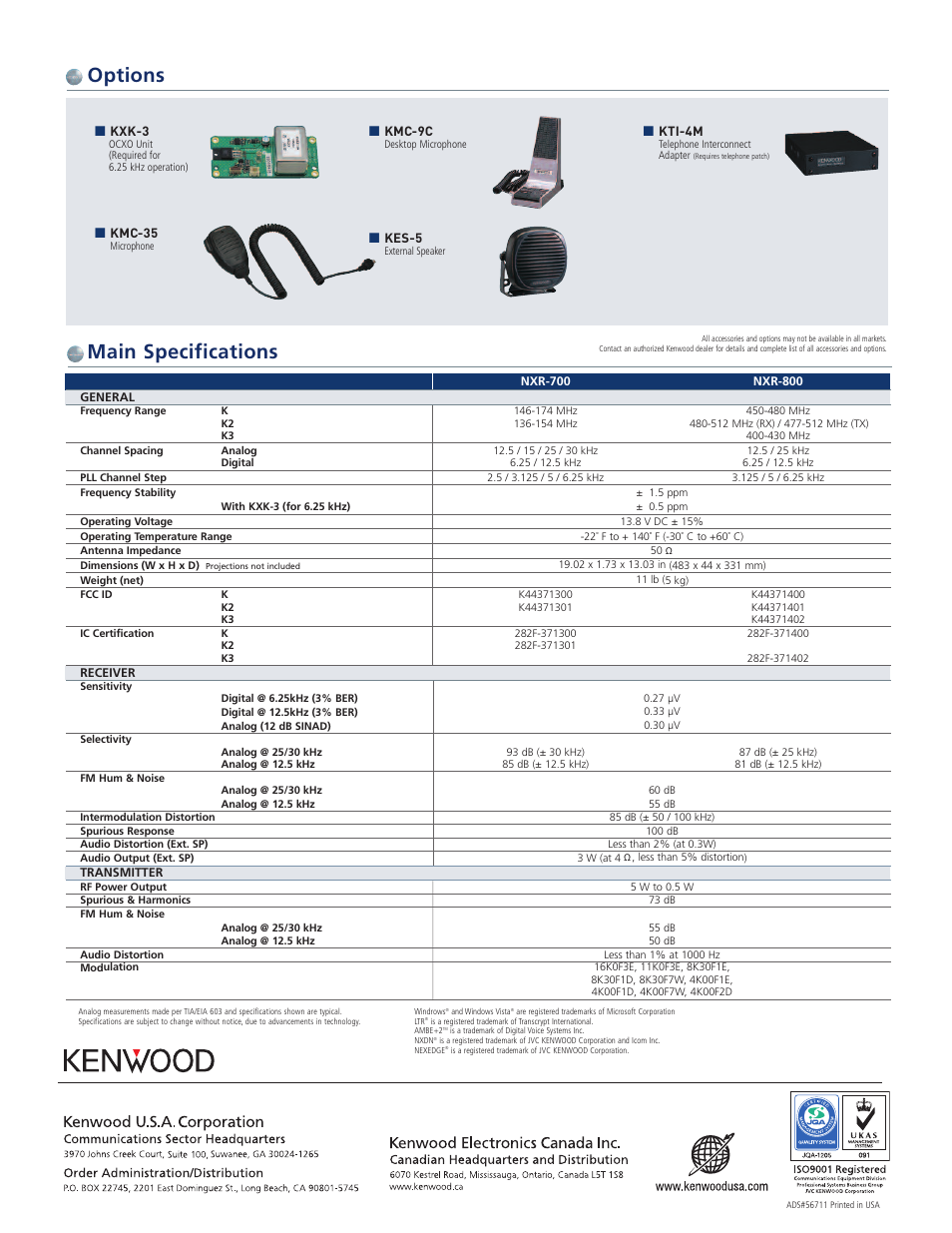 Options main specifications | Kenwood NXR-700/800 User Manual | Page 2 / 2