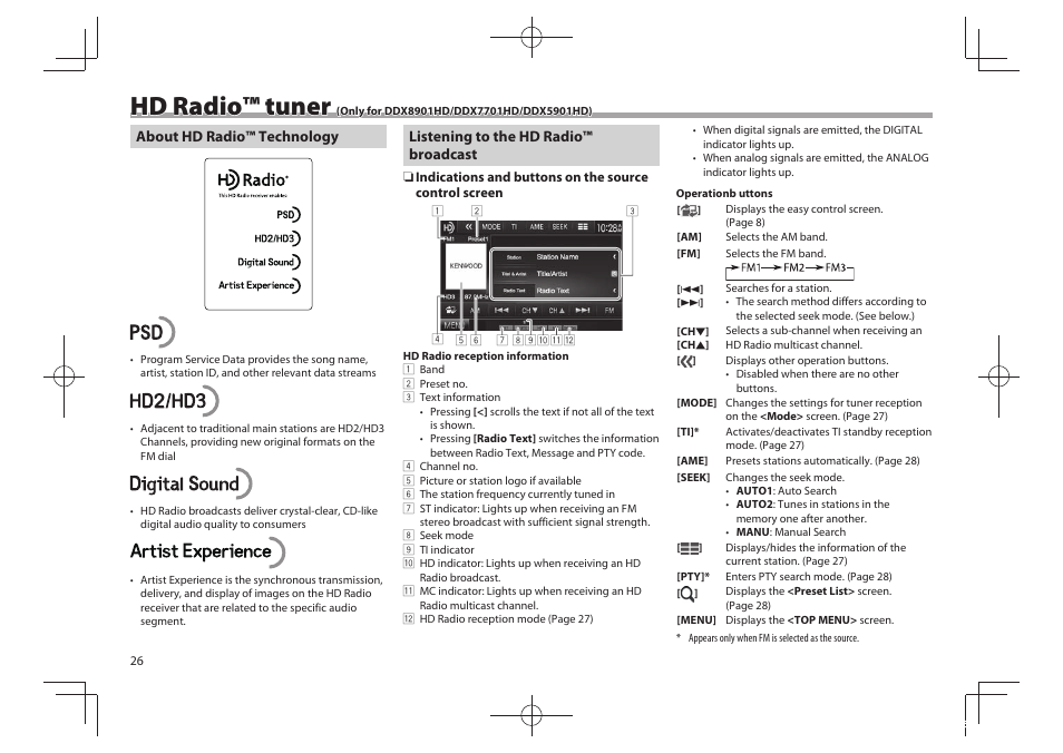 Hd radio™ tuner | Kenwood DDX5901HD User Manual | Page 26 / 76