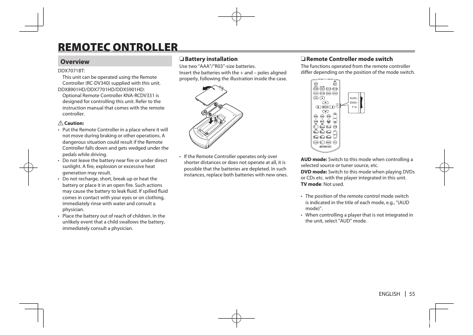 Remote c ontroller | Kenwood DDX5901HD User Manual | Page 55 / 76