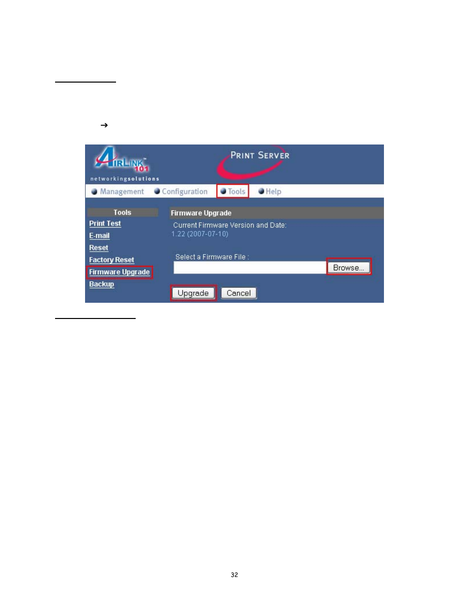 Factory reset, 5 tool j firmware upgrade, Firmware upgrade | Airlink101 AMPS240W User Manual | Page 32 / 36