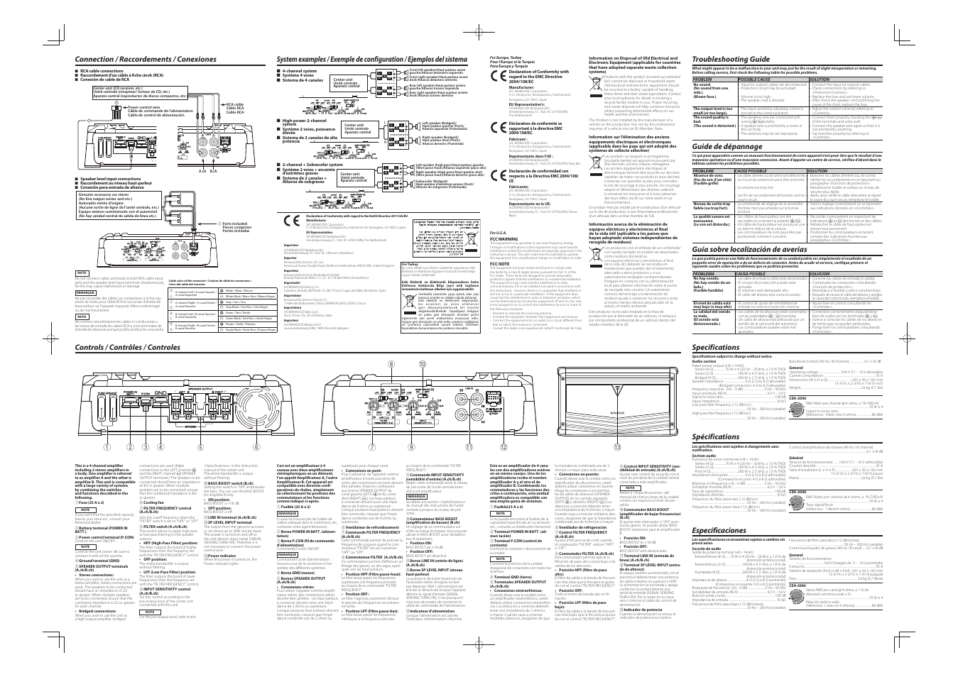 Troubleshooting guide, Guide de dépannage, Guía sobre localización de averías | Specifications, Spécifications, Especificaciones | Kenwood KAC-8406 User Manual | Page 2 / 2