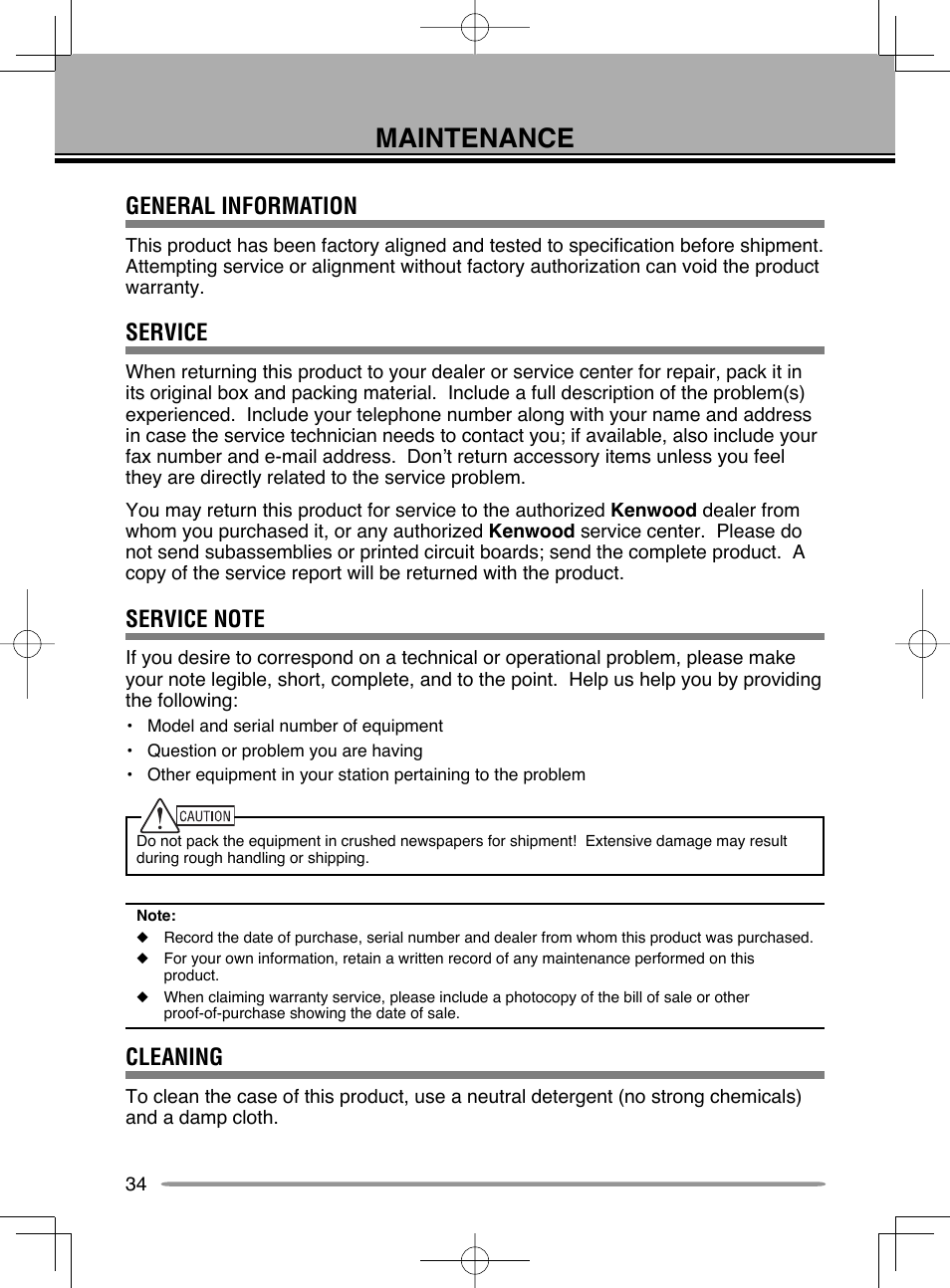 Rc-d710 e 34-35 maintenance & spec.pdf, Maintenance, General information | Service, Cleaning | Kenwood RC-D710 User Manual | Page 40 / 42