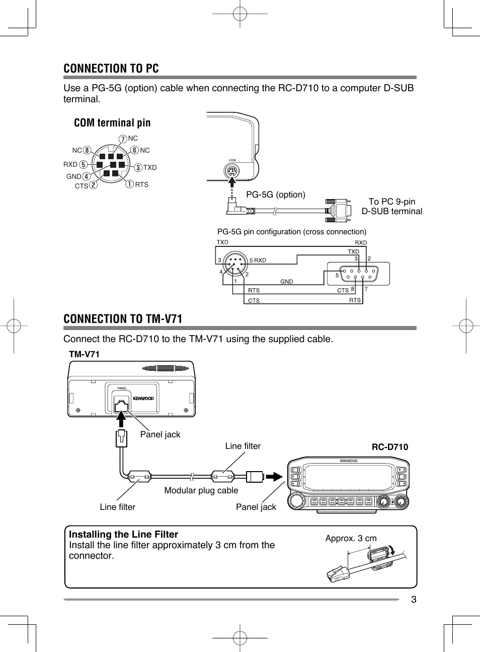 Connection to pc, Connection to tm-v71, Com terminal pin | Kenwood RC-D710 User Manual | Page 9 / 42