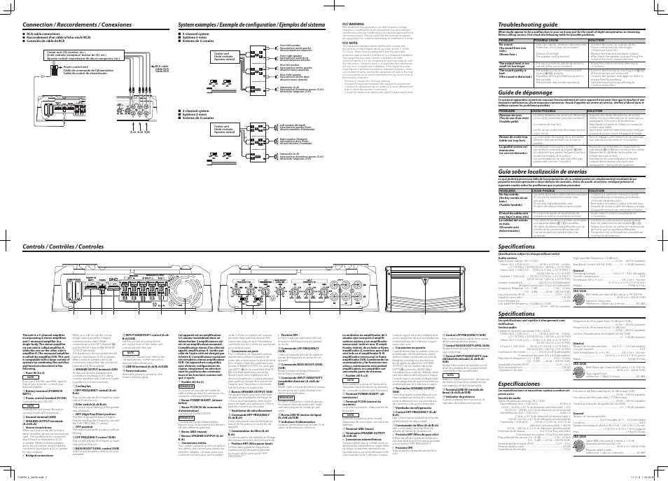 Troubleshooting guide, Guide de dépannage, Guía sobre localización de averías | Specifications, Spécifications, Especificaciones | Kenwood KAC-7005PS User Manual | Page 2 / 2