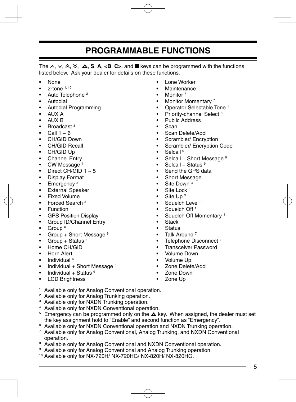 Programmable functions | Kenwood NX-920G User Manual | Page 11 / 72