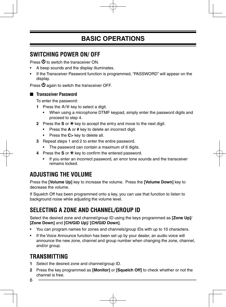 Basic operations, Switching power on/ off, Adjusting the volume | Selecting a zone and channel/group id, Transmitting | Kenwood NX-920G User Manual | Page 12 / 72