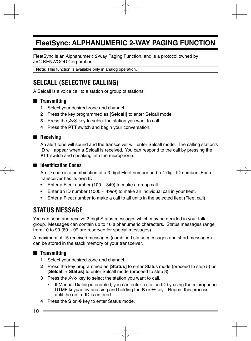 Fleetsync: alphanumeric 2-way paging function, Selcall (selective calling), Status message | Kenwood NX-920G User Manual | Page 16 / 72