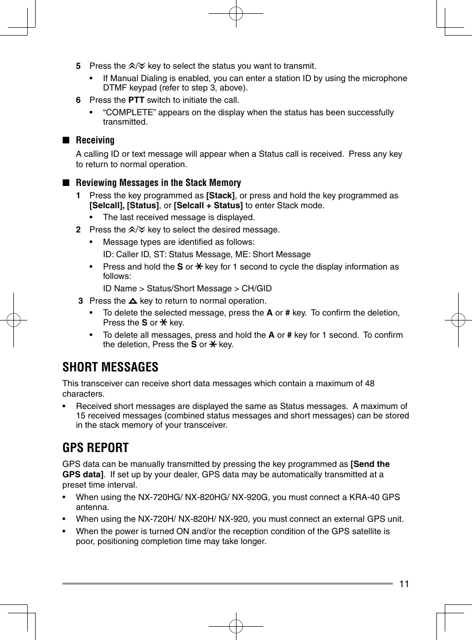 Short messages, Gps report | Kenwood NX-920G User Manual | Page 17 / 72