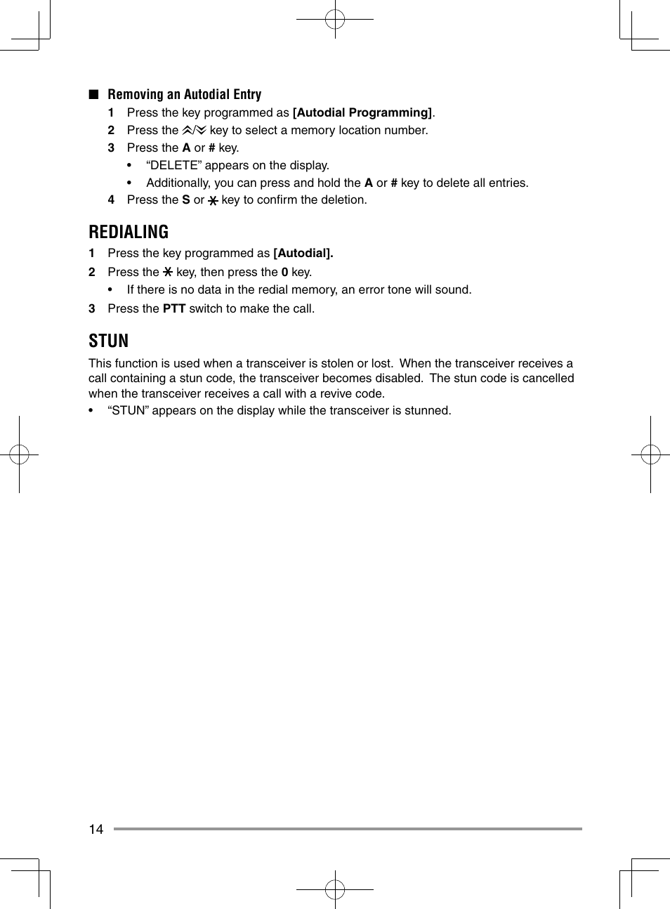 Redialing, Stun | Kenwood NX-920G User Manual | Page 20 / 72