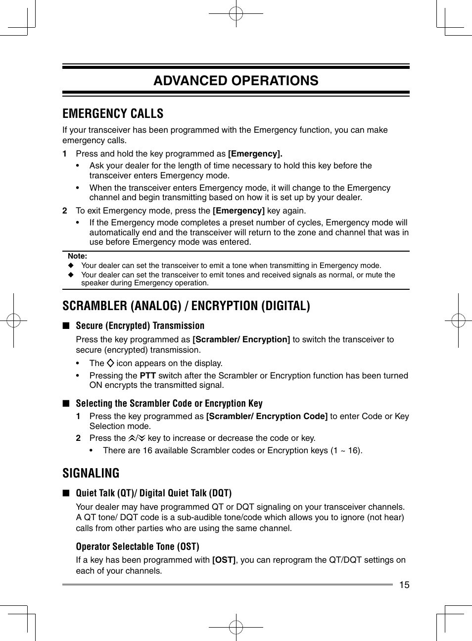 Advanced operations, Emergency calls, Scrambler (analog) / encryption (digital) | Signaling | Kenwood NX-920G User Manual | Page 21 / 72