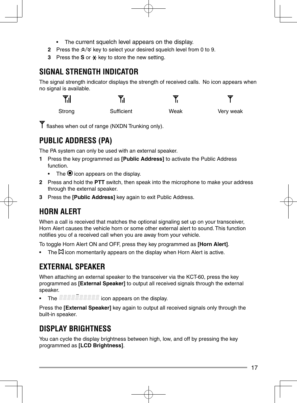 Signal strength indicator, Public address (pa), Horn alert | External speaker, Display brightness | Kenwood NX-920G User Manual | Page 23 / 72