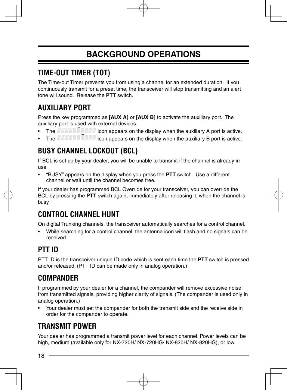 Background operations, Time-out timer (tot), Auxiliary port | Busy channel lockout (bcl), Control channel hunt, Ptt id, Compander, Transmit power | Kenwood NX-920G User Manual | Page 24 / 72