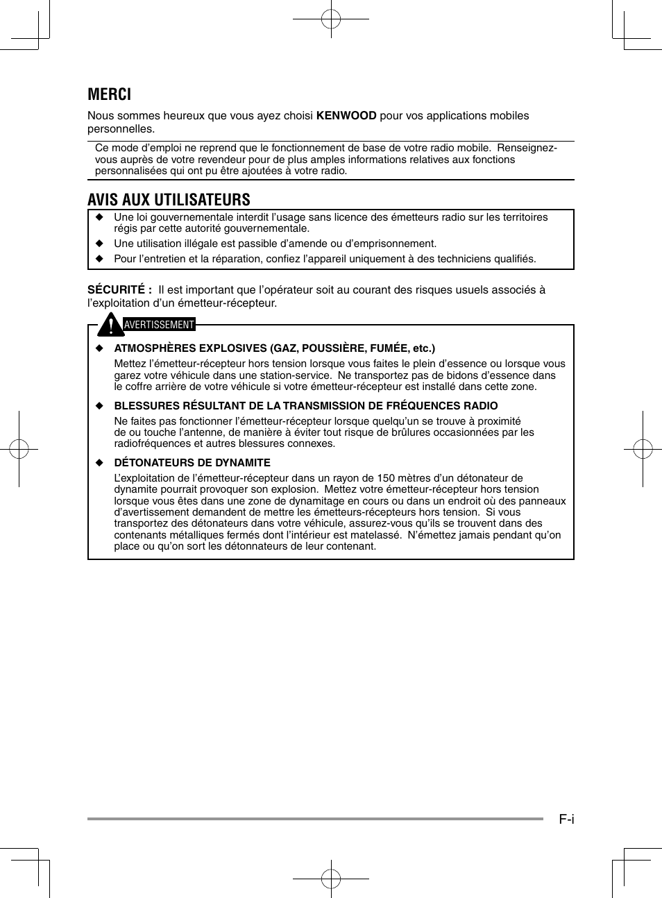 Merci, Avis aux utilisateurs | Kenwood NX-920G User Manual | Page 27 / 72