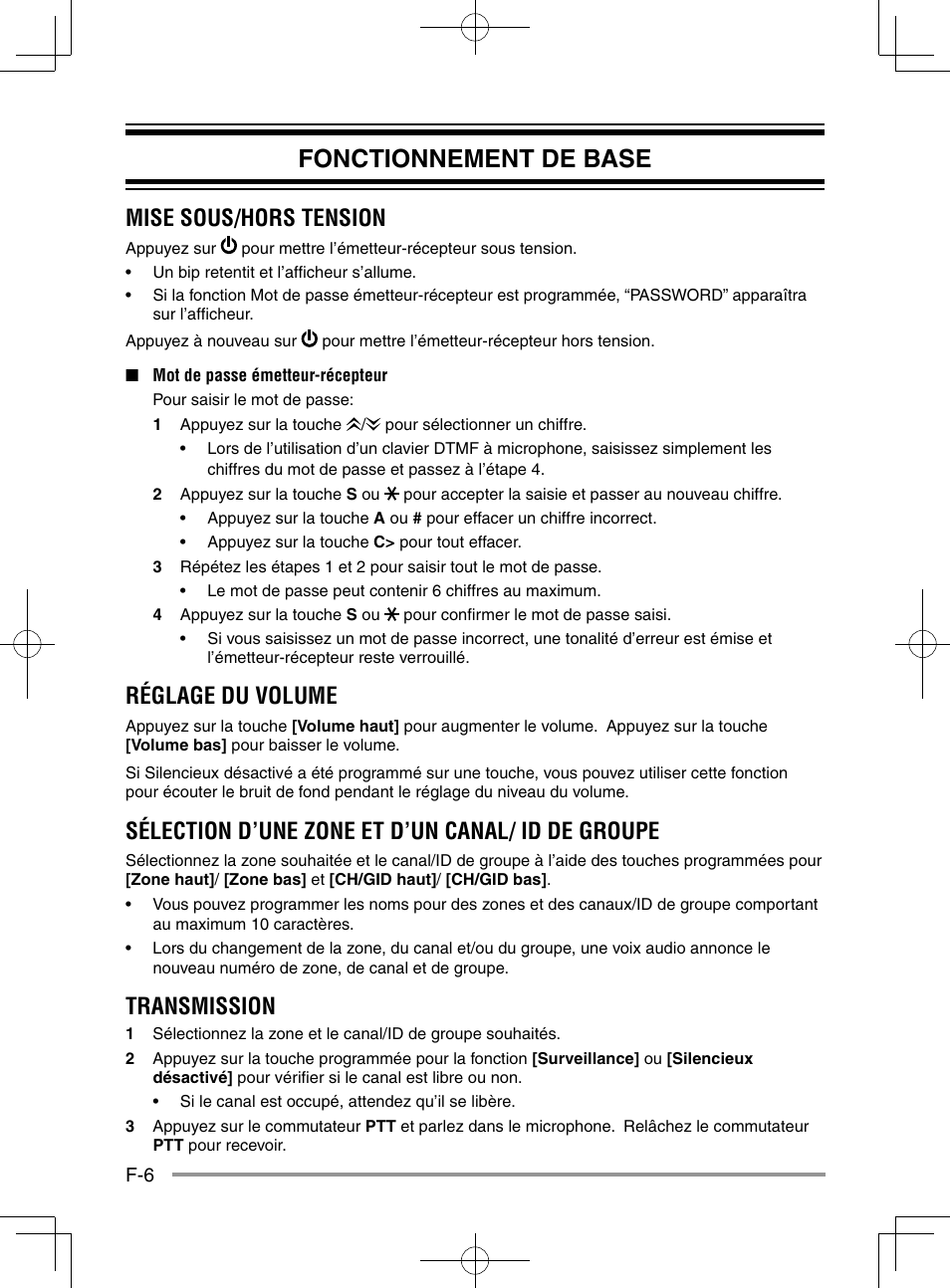 Fonctionnement de base, Mise sous/hors tension, Réglage du volume | Sélection d’une zone et d’un canal/ id de groupe, Transmission | Kenwood NX-920G User Manual | Page 34 / 72