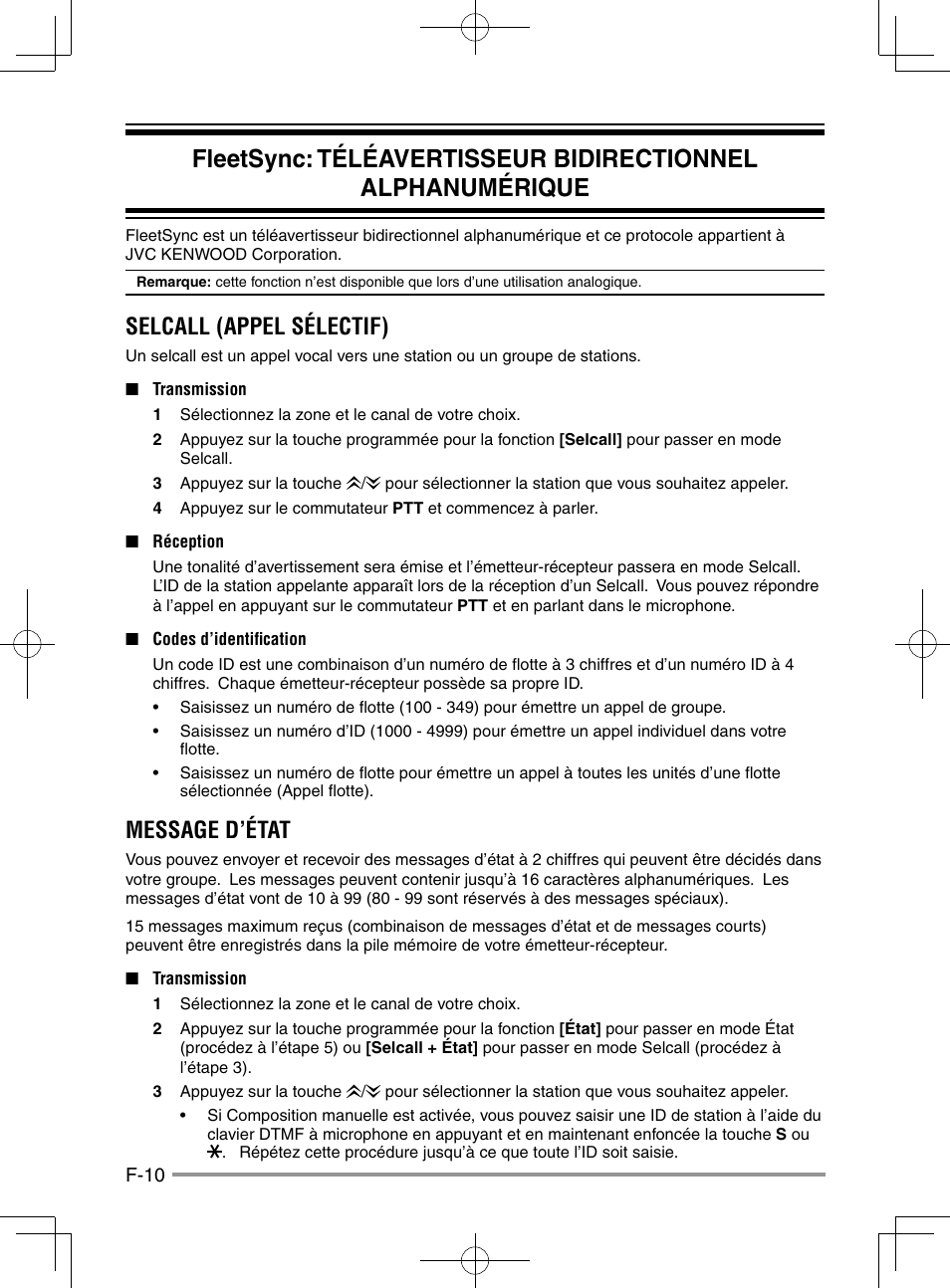 Selcall (appel sélectif), Message d’état | Kenwood NX-920G User Manual | Page 38 / 72