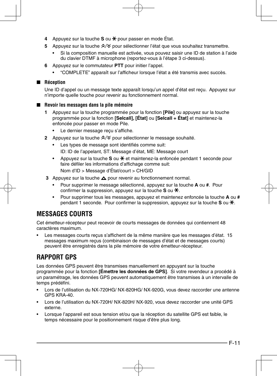 Messages courts, Rapport gps | Kenwood NX-920G User Manual | Page 39 / 72