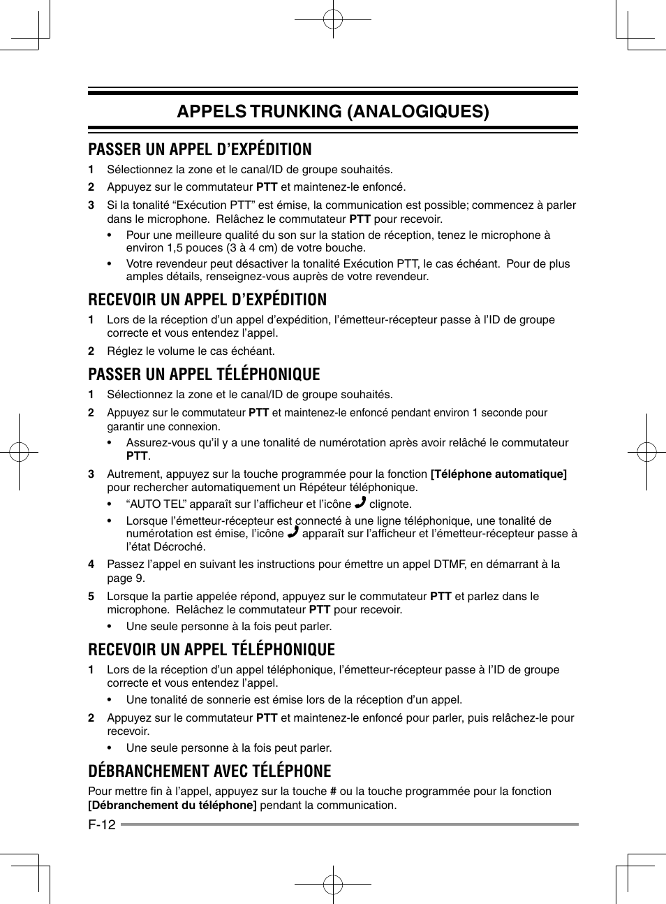 Appels trunking (analogiques), Passer un appel d’expédition, Recevoir un appel d’expédition | Passer un appel téléphonique, Recevoir un appel téléphonique, Débranchement avec téléphone | Kenwood NX-920G User Manual | Page 40 / 72