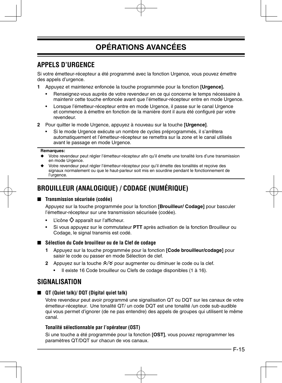 Opérations avancées, Appels d’urgence, Brouilleur (analogique) / codage (numérique) | Signalisation | Kenwood NX-920G User Manual | Page 43 / 72